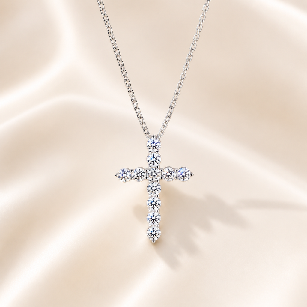 Starlight Cross Moissanite Necklace, 925 Sterling Silver