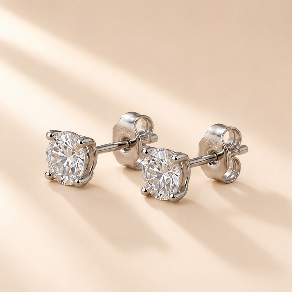 Round Moissanite Stud Earrings, 925 Sterling Silver