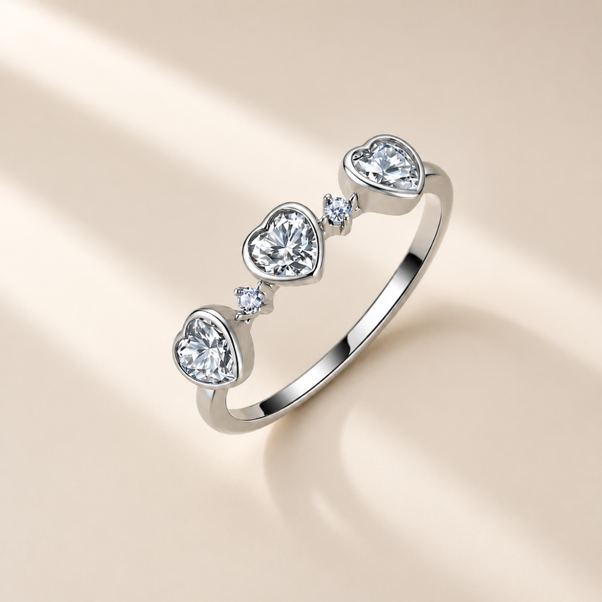 Three Hearts Moissanite Ring, 925 Sterling Silver