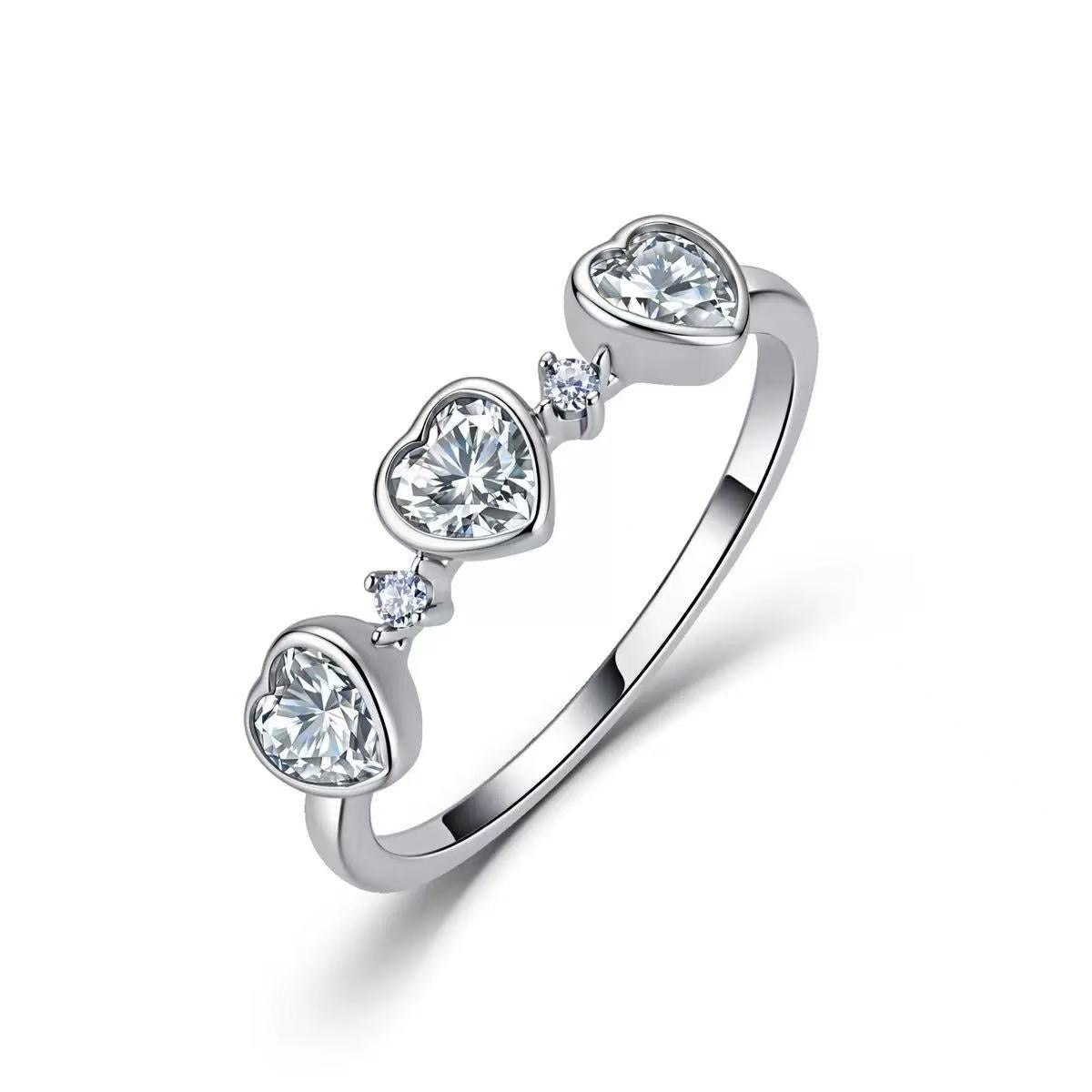 Three Hearts Moissanite Ring, 925 Sterling Silver