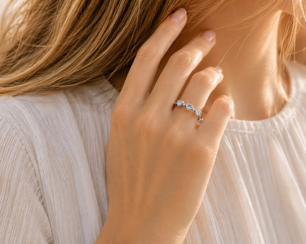 Three Hearts Moissanite Ring, 925 Sterling Silver