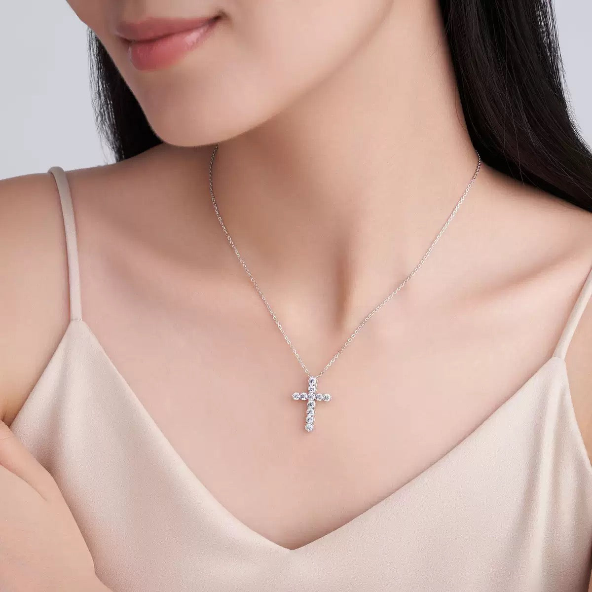 Starlight Cross Moissanite Necklace, 925 Sterling Silver